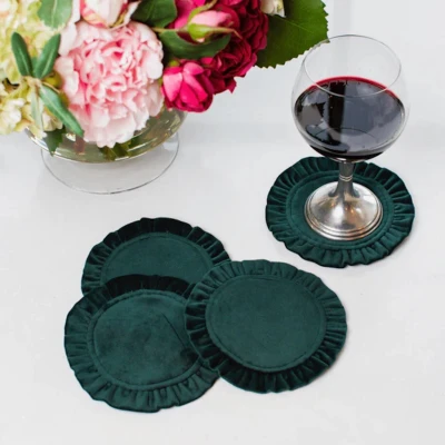 Forest Green Round Ruffle Velvet Coasters