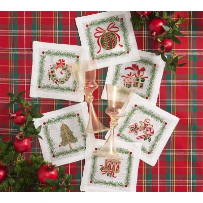 Xmas Trellis Cocktail Napkins in White & Multi