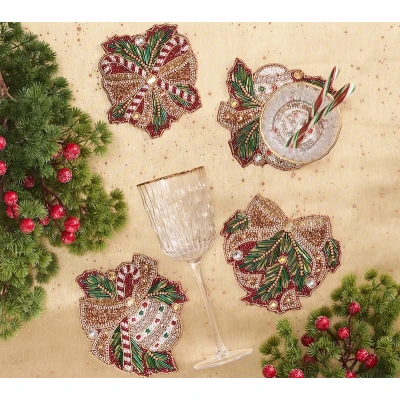 Candy Cane Bow Drink Coasters in Red, Green & Gold