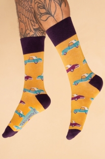 Men's Vintage Sports Car Socks in Mustard