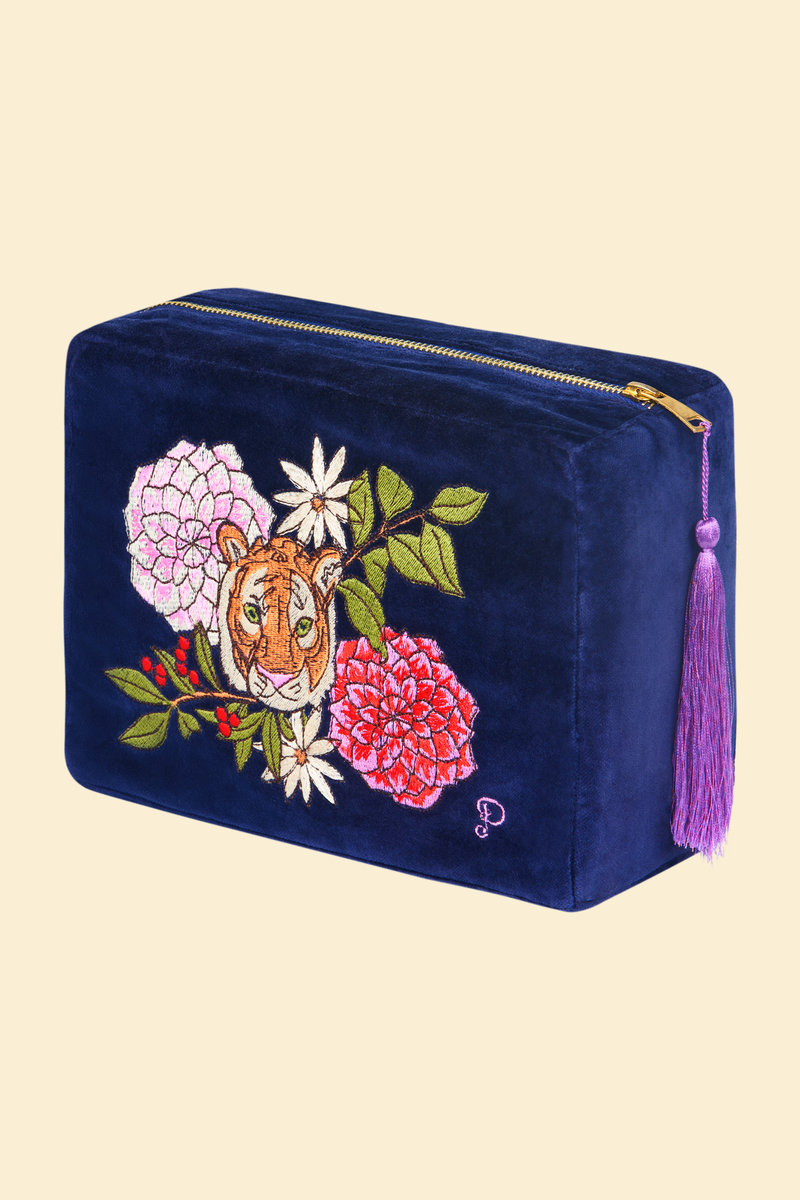 Velvet Vanity Bag Floral Tiger Face in Indigo